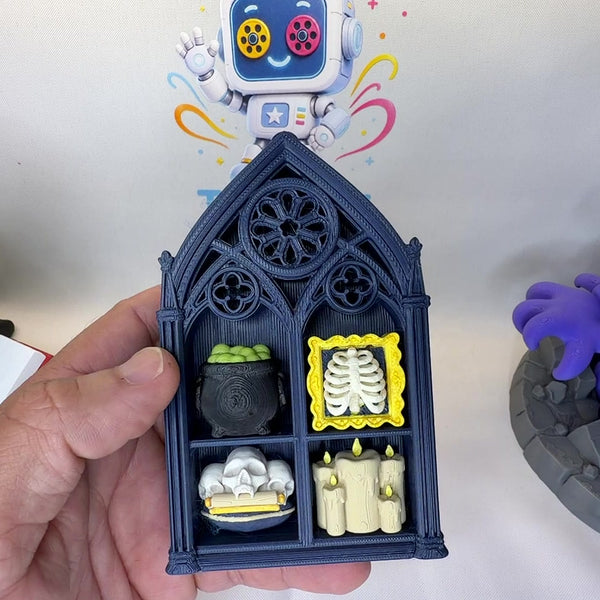 Navy gothic clicker shelf filled with six Halloween keycaps: cauldron, skeleton, skulls, and candles